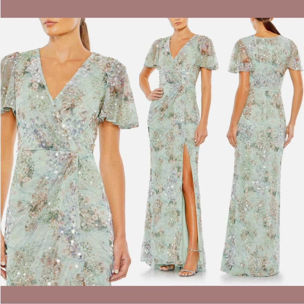 NWT $698 Mac Duggal [ 4 ]‎ Embellished Butterfly Floral Faux Wrap Gown Sea #Q678